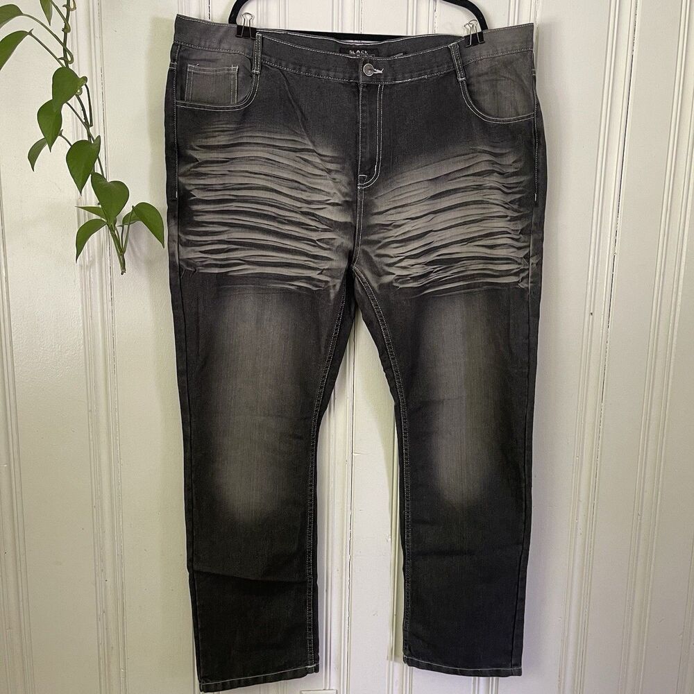 Black Lacquer Men Black Wash Distressed Straight Denim Jeans Size 48